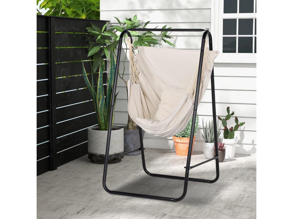 Hanging garden chair with stand and cushion, black steel and beige cotton