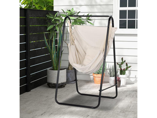 Hanging garden chair with stand and cushion, black steel and beige cotton