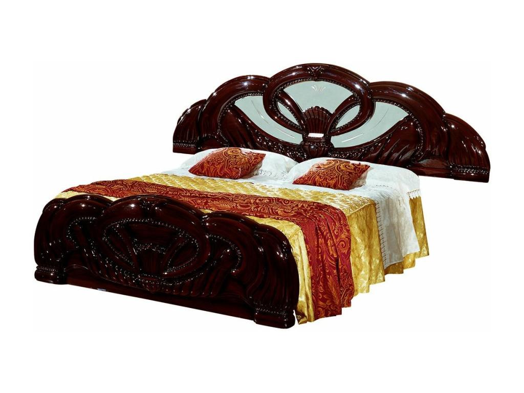 Baroque bed with interlaced moldings, glossy mahogany wood, Venice style, 160x200