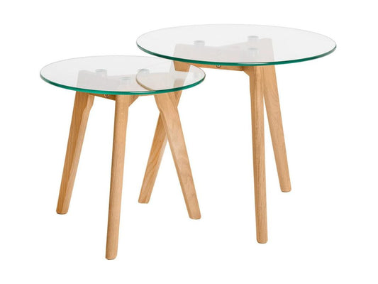 Doucezen Set of 2 Nesting Coffee Tables in Tempered Glass and Natural Wood