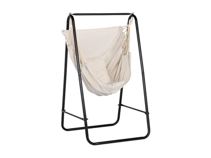 Hanging garden chair with stand and cushion, black steel and beige cotton