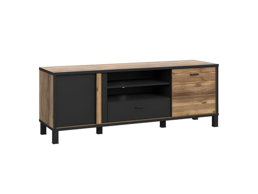 155cm TV stand with 2 doors, wood and black finish, black metal legs - Doucezen