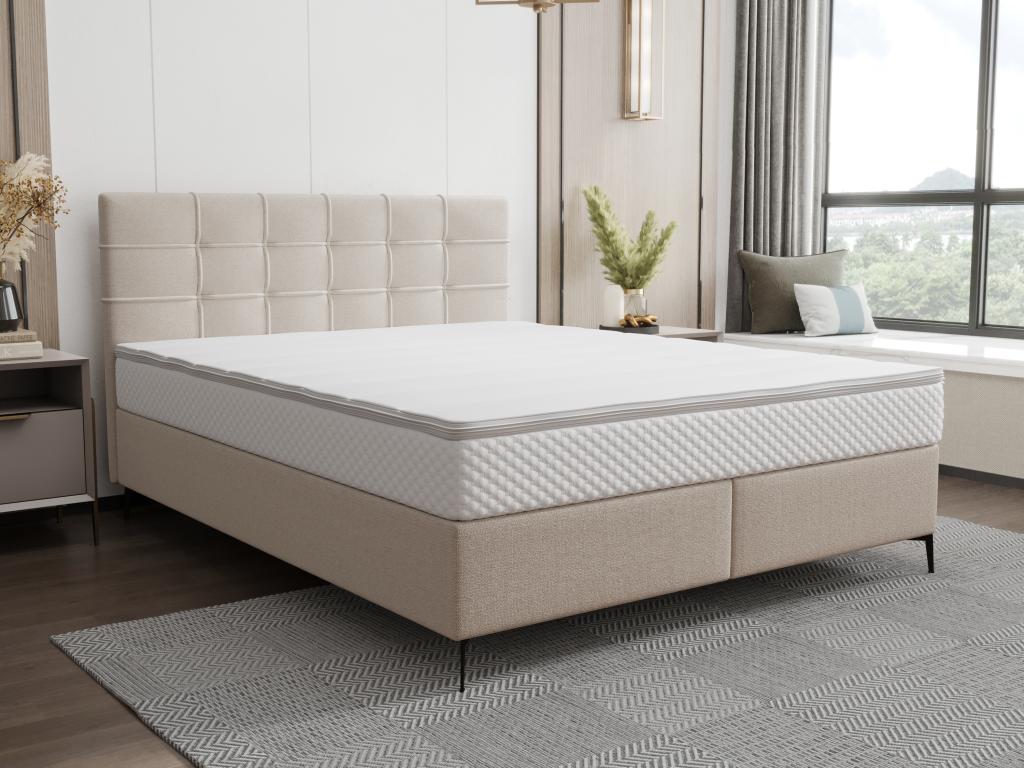 Complete box spring bed set with upholstered headboard, slatted base, mattress, and mattress topper - 160x200 cm - Fabric - Beige - Homzora