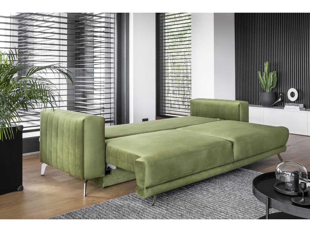 Doucezen 250cm 3-4 seater designer convertible sofa in dark blue fabric with chrome steel legs