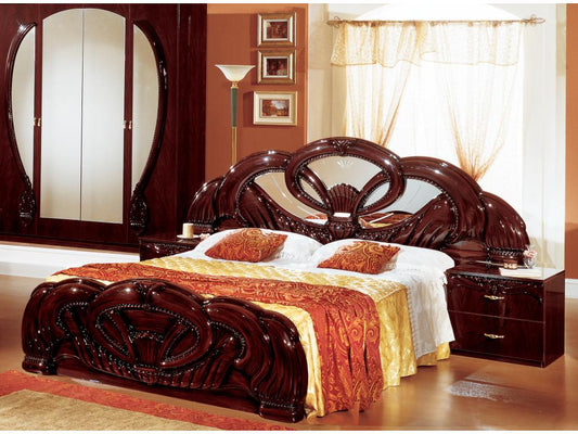 Baroque bed with interlaced moldings, glossy mahogany wood, Venice style, 160x200
