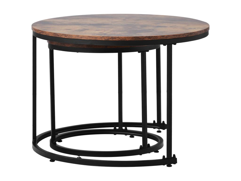Set of 2 nesting coffee tables, round side tables in MDF with marble veneer, industrial style, brown