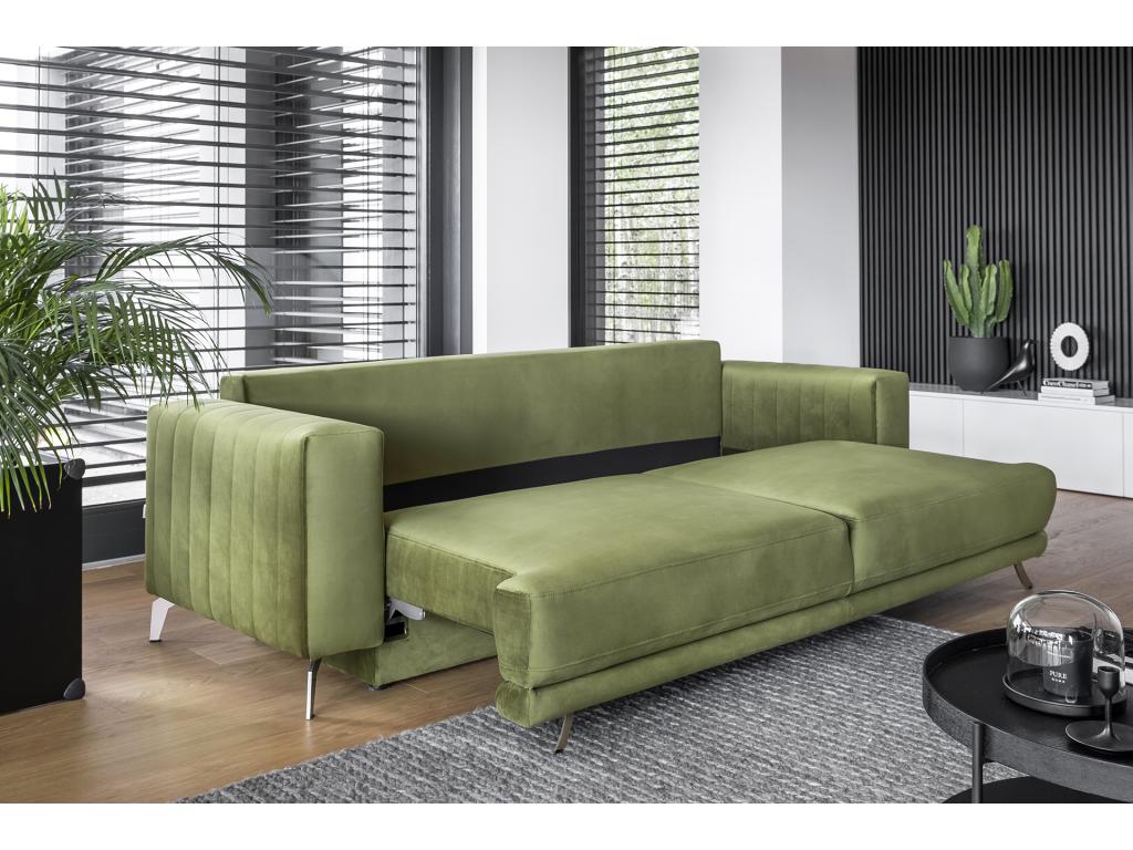 Doucezen 250cm 3-4 seater designer convertible sofa in dark blue fabric with chrome steel legs