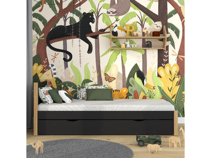 Single wooden bed - with drawer N02 Black / Natural Oak 100x180