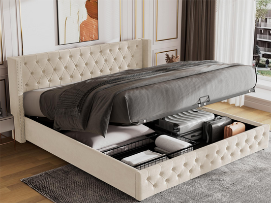 140x200 cm storage bed, double bed upholstered in velvet, decorated with rivets and buttons, slatted base, Homzora style, beige