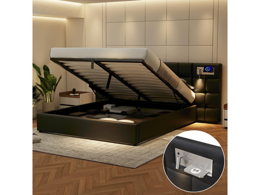 180x200 cm storage bed with large headboard - USB port / wireless charging / light - Linen fabric - Black (mattress not included)