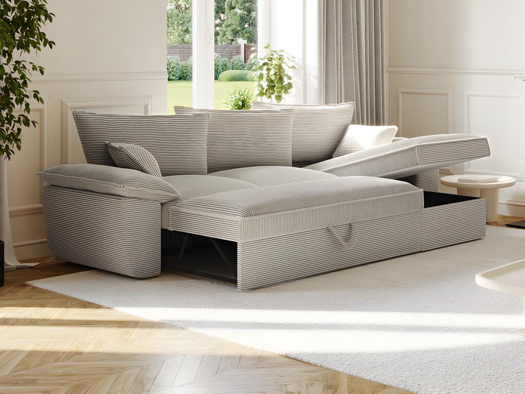 Doucezen II Right-Hand Corner Sofa Bed in Light Grey Corduroy with Storage