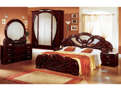 Baroque bed with interlaced moldings, glossy mahogany wood, Venice style, 160x200