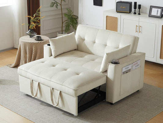 Adjustable multi-angle folding sofa bed - 2-seater - velvet fabric - with cup holder and pillows - Beige
