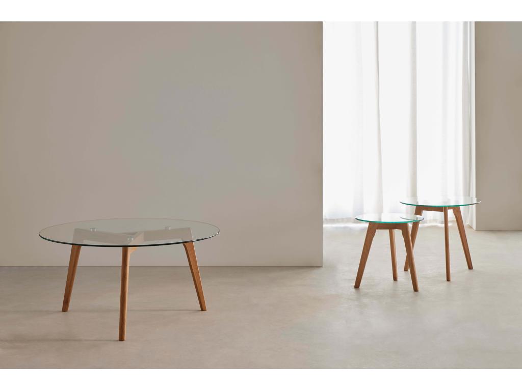 Doucezen Set of 2 Nesting Coffee Tables in Tempered Glass and Natural Wood