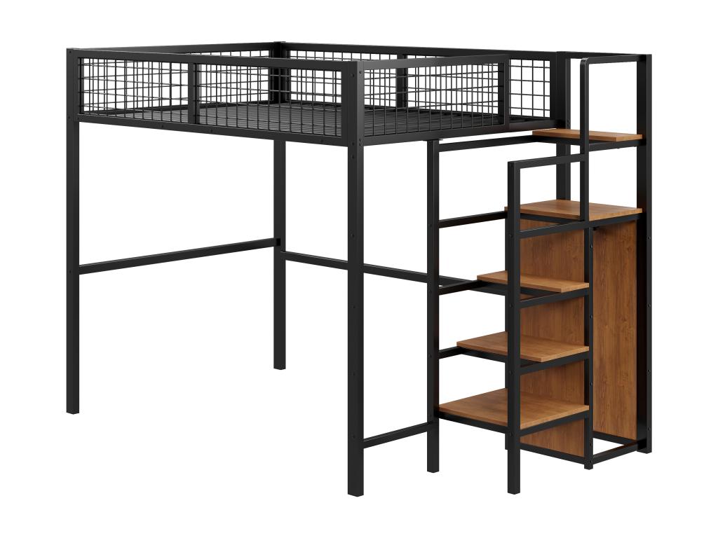 Children's loft bed 140x200 cm with iron frame - with storage ladder and wardrobe - Black