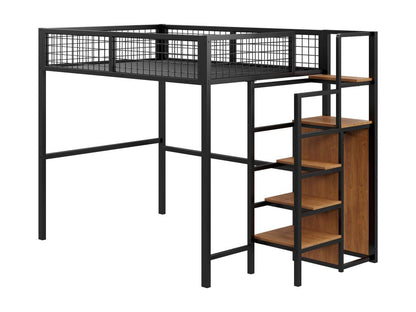 Children's loft bed 140x200 cm with iron frame - with storage ladder and wardrobe - Black