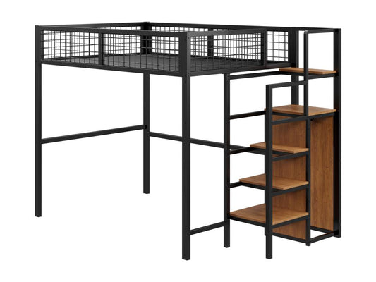 Children's loft bed 140x200 cm with iron frame - with storage ladder and wardrobe - Black