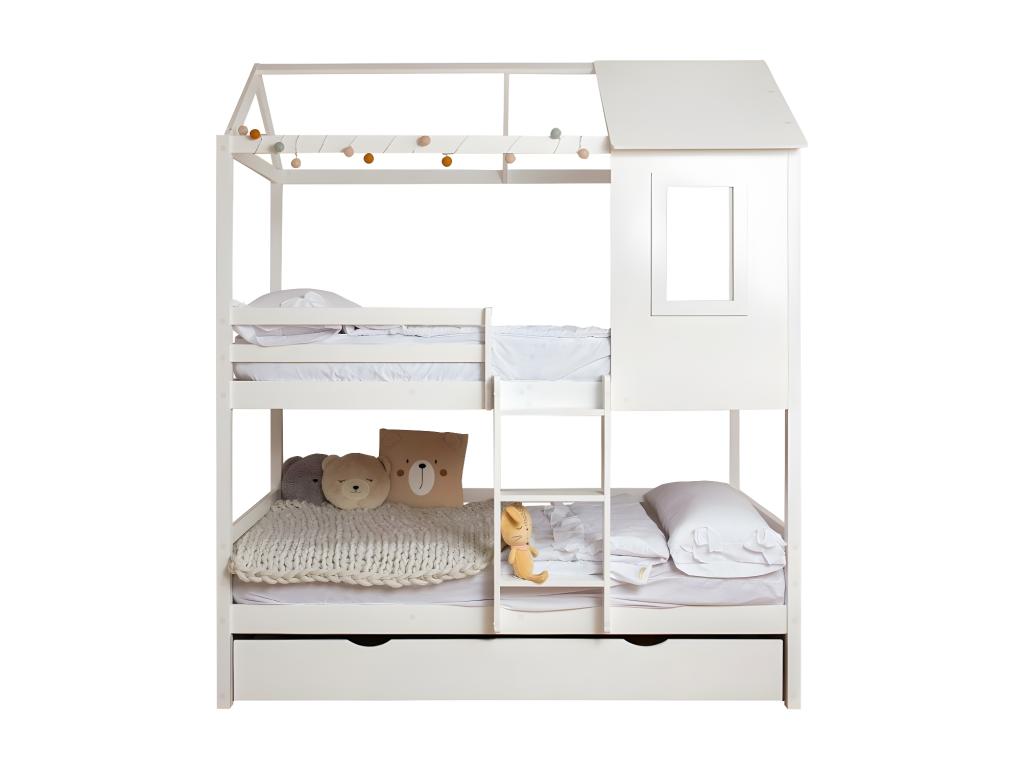 Bunk bed with folding legs, 105cm, white wood, 105x190/105x190cm