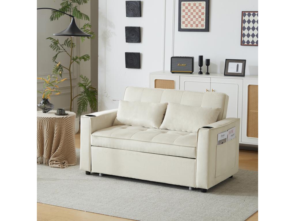 Adjustable multi-angle folding sofa bed - 2-seater - velvet fabric - with cup holder and pillows - Beige