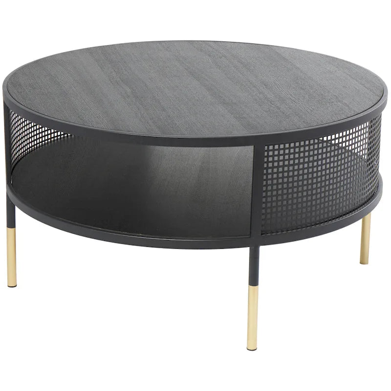 Metal Geometric Open Grid Frame 1 Shelf Accent Table or Coffee Table with Gold Legs Black Roche River Decor