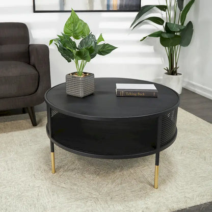 Metal Geometric Open Grid Frame 1 Shelf Accent Table or Coffee Table with Gold Legs Black Roche River Decor