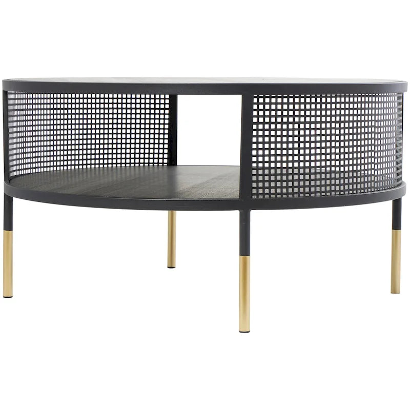 Metal Geometric Open Grid Frame 1 Shelf Accent Table or Coffee Table with Gold Legs Black Roche River Decor