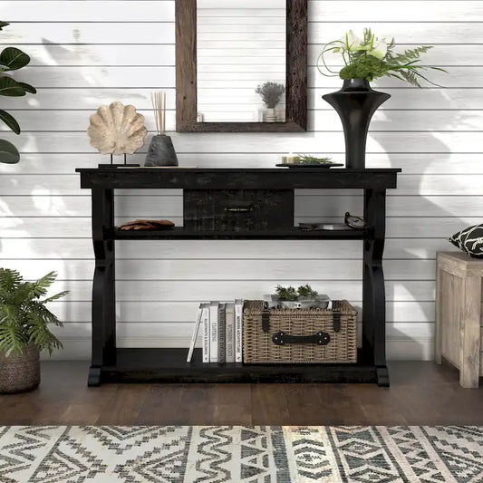 DH BASIC Farmhouse Black Oak 47-inch 3-Open Shelf Console Table by Denhour