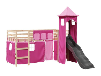 Children's loft bed with pink tower, 80x200cm, solid pine wood
