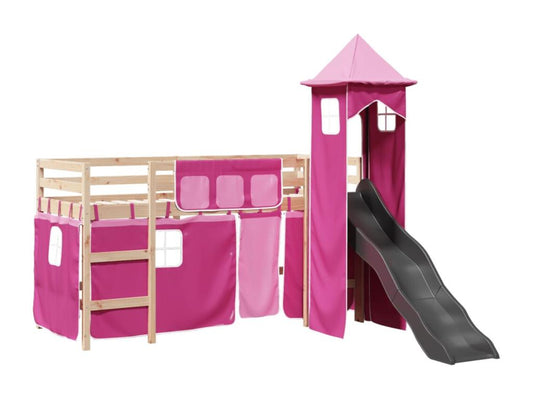 Children's loft bed with pink tower, 80x200cm, solid pine wood