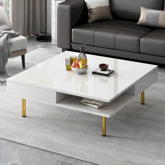 High Gloss Coffee Table: 4 Golden Legs, 2 Drawers, 2-Tier Square Design