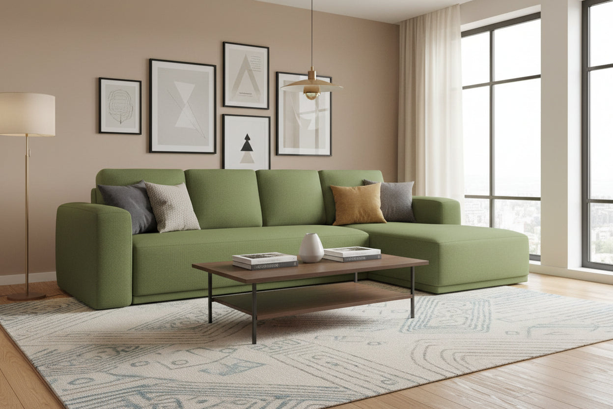 Right-hand corner sofa bed in chenille fabric - bottle green - Doucezen