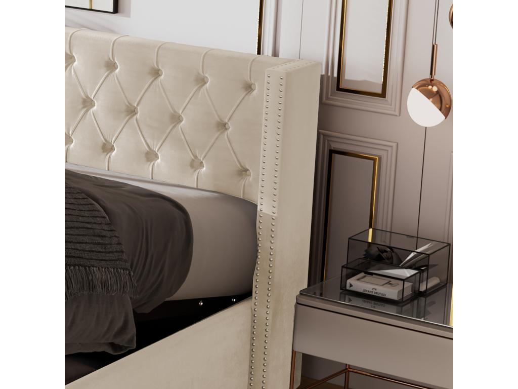 140x200 cm storage bed, double bed upholstered in velvet, decorated with rivets and buttons, slatted base, Homzora style, beige