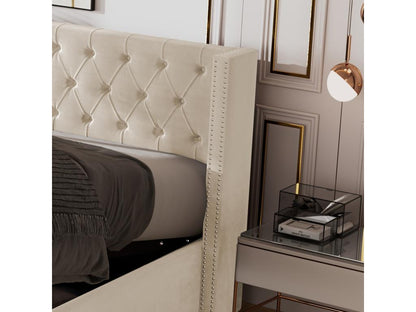 140x200 cm storage bed, double bed upholstered in velvet, decorated with rivets and buttons, slatted base, Homzora style, beige