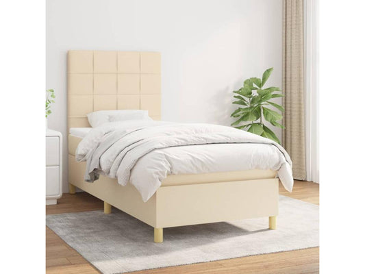 Upholstered bed base with mattress, Cream, 80x200 cm, Fabric
