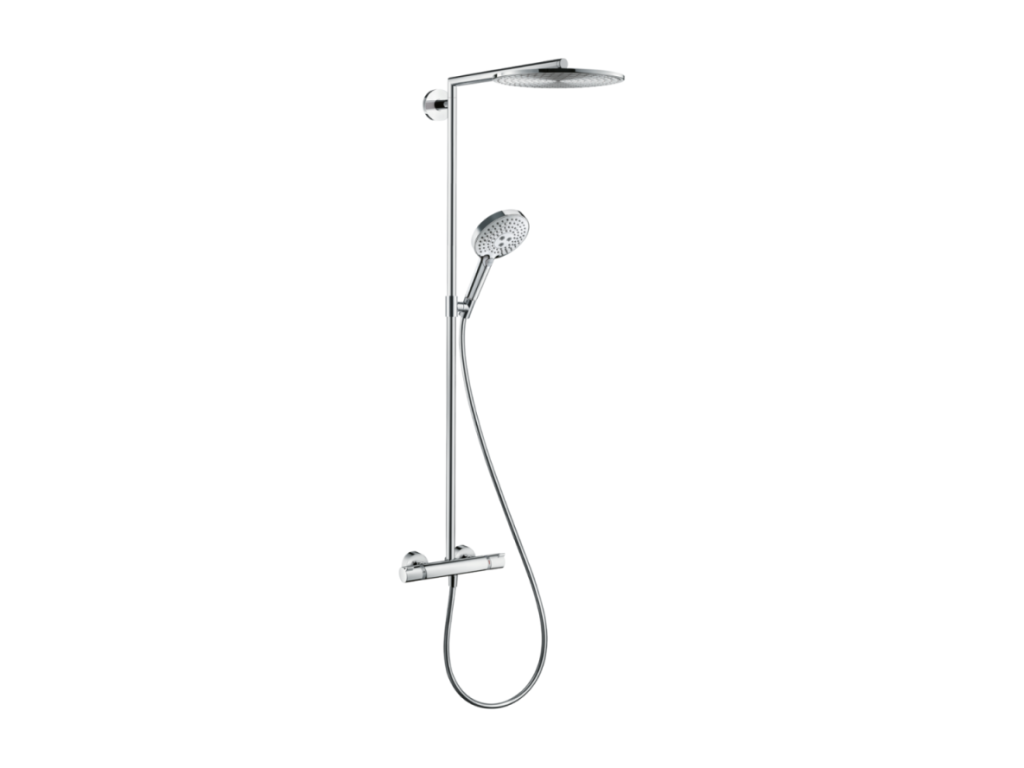 Homzora Raindance S 300 chrome thermostatic shower column with AddStoris shelf