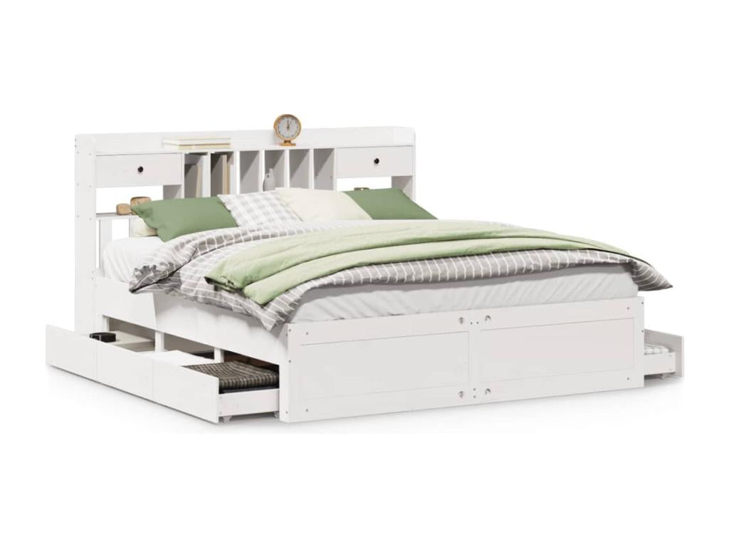 White 180x200 cm solid pine wood bookcase bed without mattress