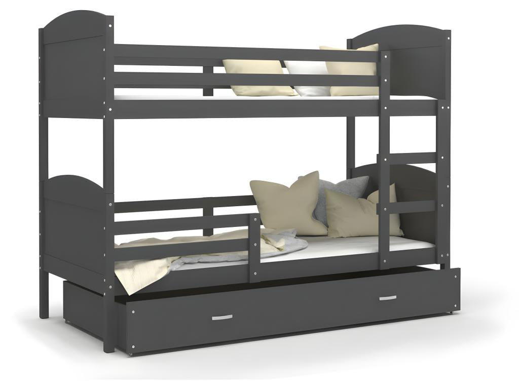 Doucezen Bunk Bed 90x190 Grey - grey. Comes with slatted bed bases, drawers, and 7cm foam mattresses.