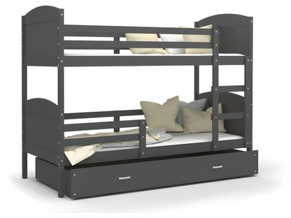 Doucezen Bunk Bed 90x190 Grey - grey. Comes with slatted bed bases, drawers, and 7cm foam mattresses.