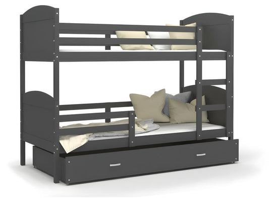 Doucezen Bunk Bed 90x190 Grey - grey. Comes with slatted bed bases, drawers, and 7cm foam mattresses.