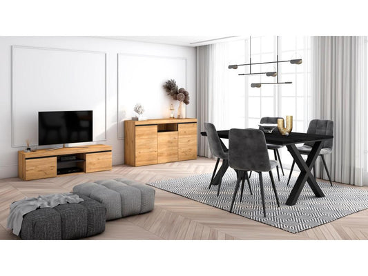 Living room furniture set: 140cm black table with legs, seats 6; 140cm TV stand; 140cm sideboard/buffet in oak and industrial black