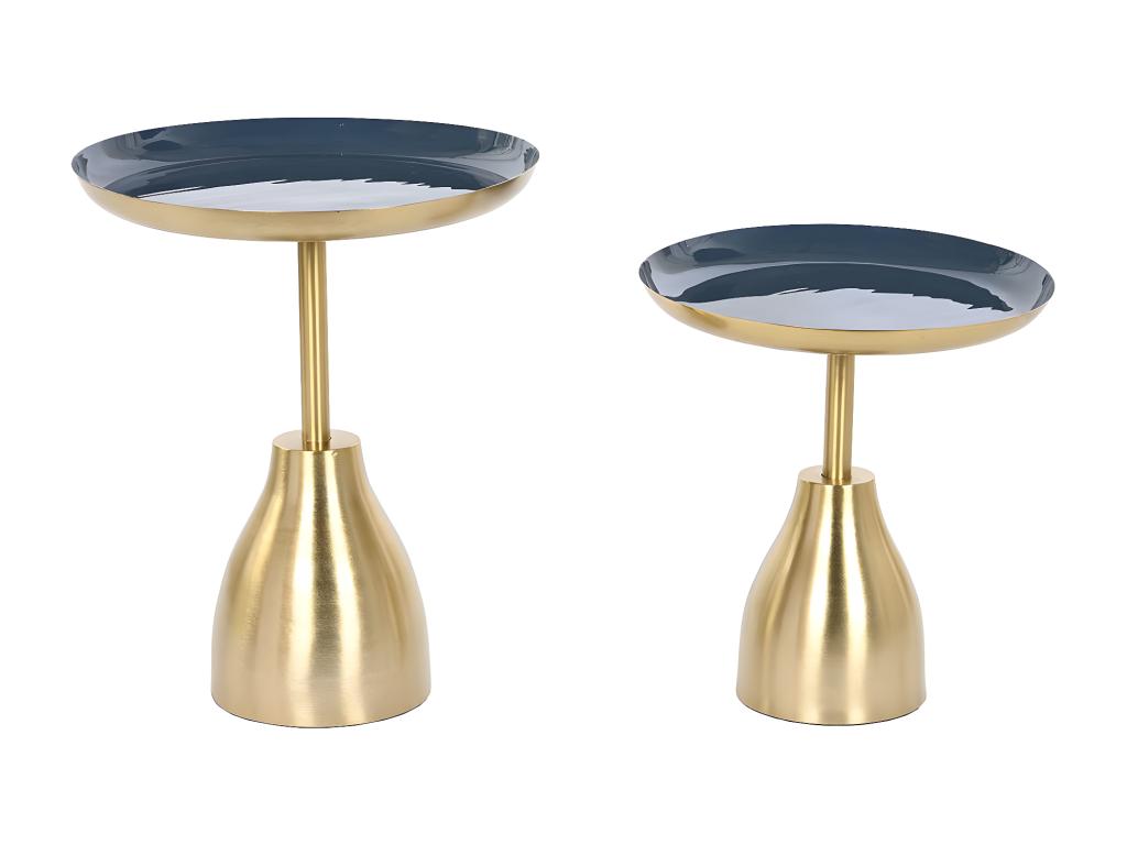 Set of 2 round side tables in gold and blue iron