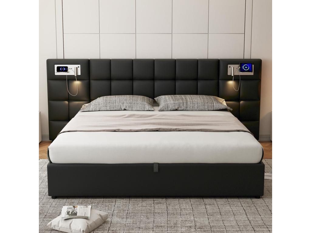 180x200 cm storage bed with large headboard - USB port / wireless charging / light - Linen fabric - Black (mattress not included)