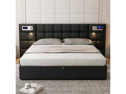 180x200 cm storage bed with large headboard - USB port / wireless charging / light - Linen fabric - Black (mattress not included)