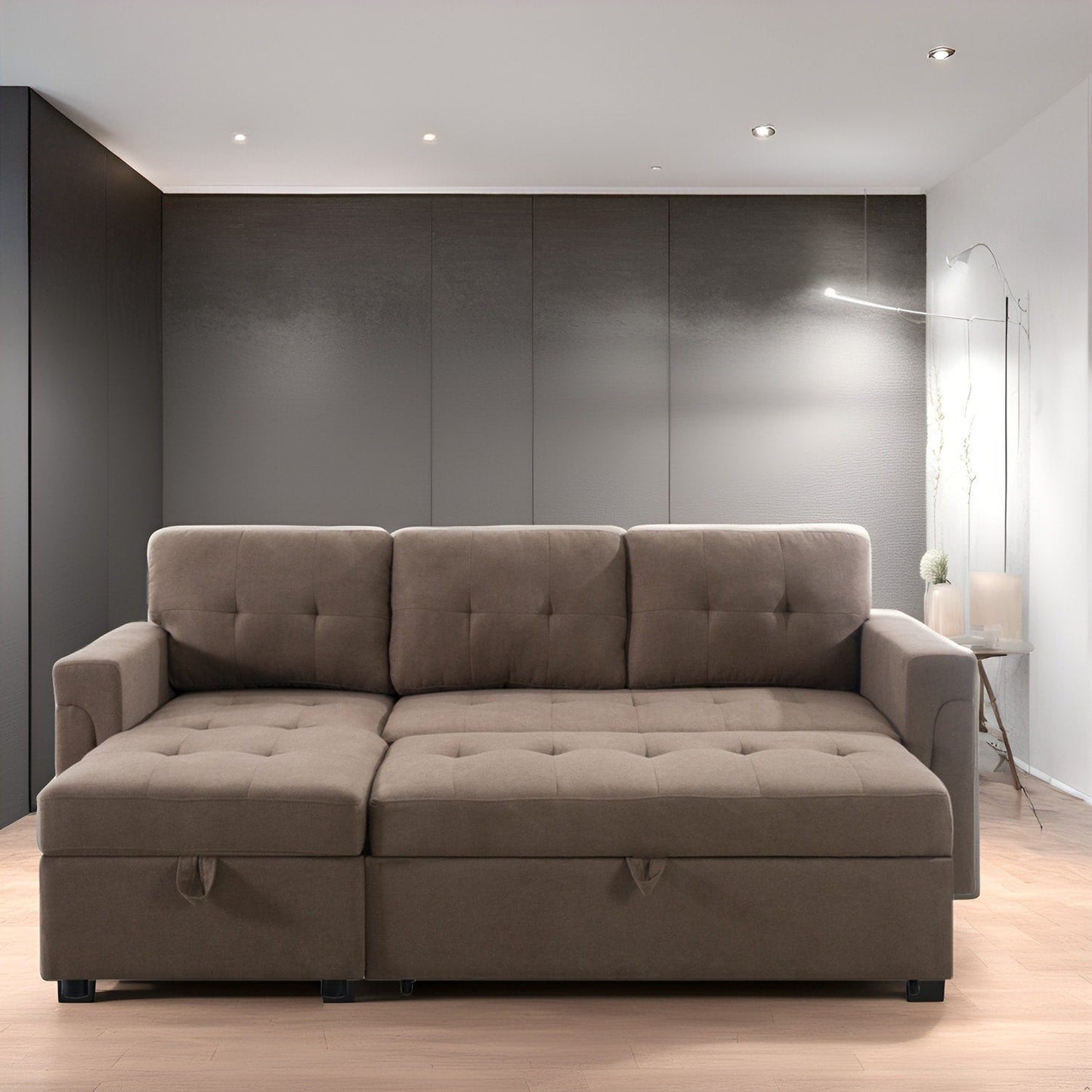 Convertible Reversible Sectional Sofa with Pull-Out Sleeper Bed, Hidden Storage Chaise, and Durable Legs