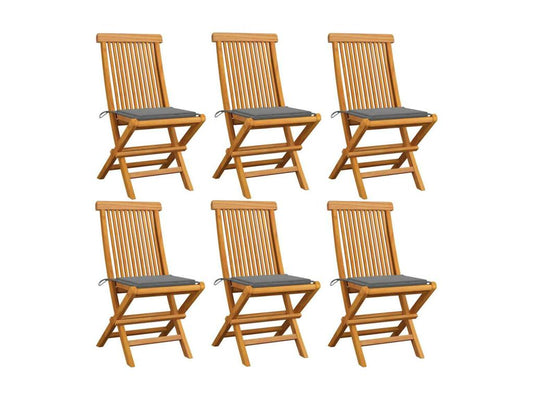 Garden chairs and cushions, grey, set of 6, solid teak wood