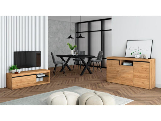 Living room furniture set: 140cm black table with legs, seats 6; 120cm TV stand; 140cm sideboard/buffet in oak and industrial black