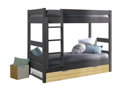 Separable bunk bed with pull-out bed and 90x190 cm mattress, solid grey wood and Doucezen wood