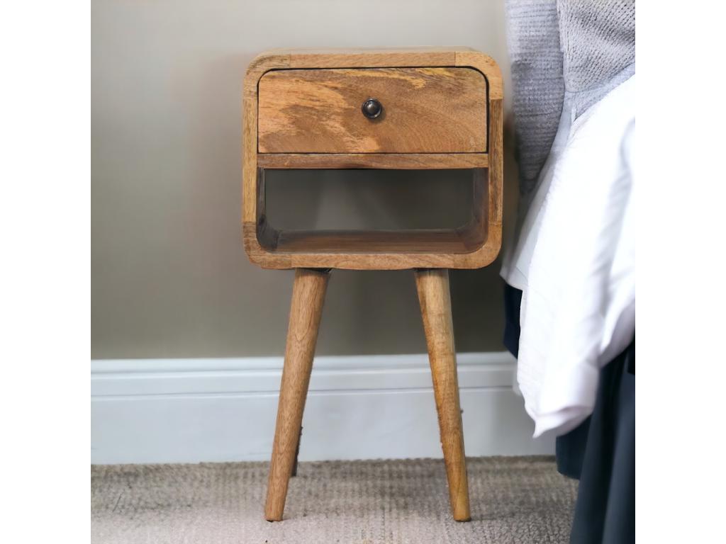 Mini bedside table in oak, curved at the bottom.