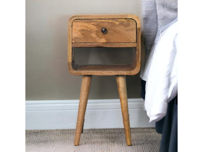 Mini bedside table in oak, curved at the bottom.