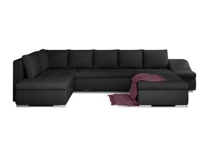 Doucezen 340cm panoramic convertible sofa in black fabric and black faux leather - Right-hand chaise longue